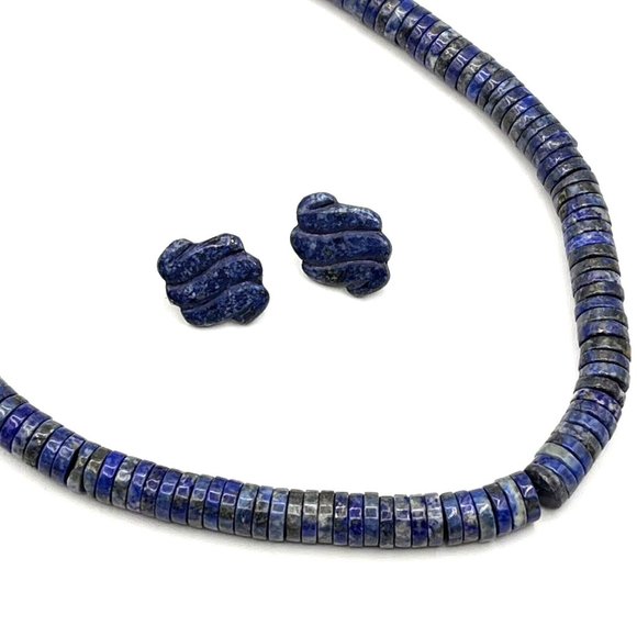 LAPIS LAZULI Disc Saucer Bead Necklace Earring Set Adjustable String Closure 20" - Picture 3 of 10